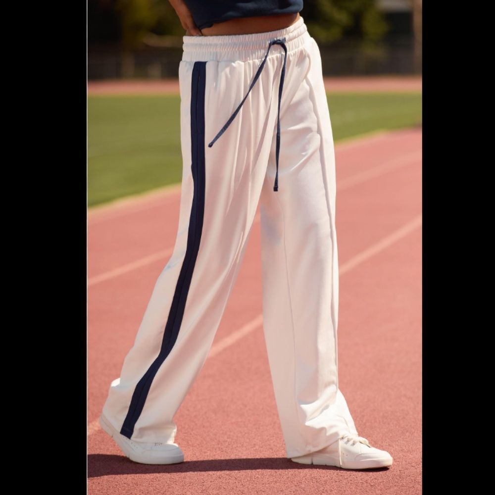 Anthropologie White Track Pants with Navy Stripe
